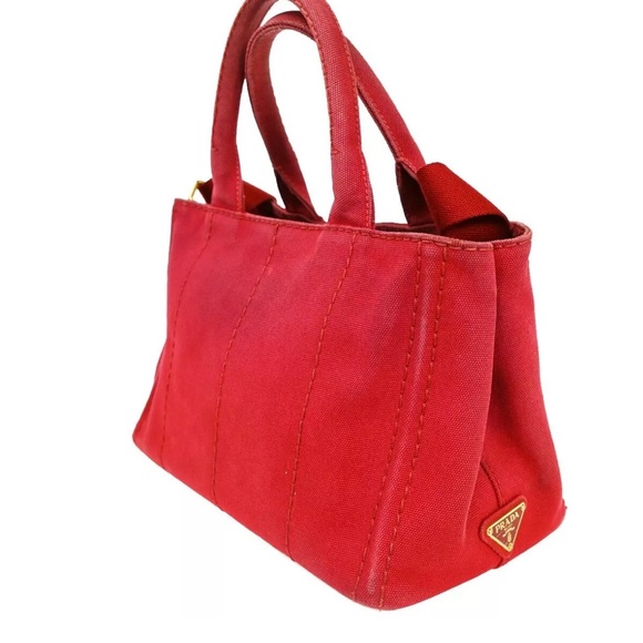 PRADA Logo Mini CANAPA 2Way Shoulder Bag Canvas leather Red Gold with COA - Picture 4 of 15